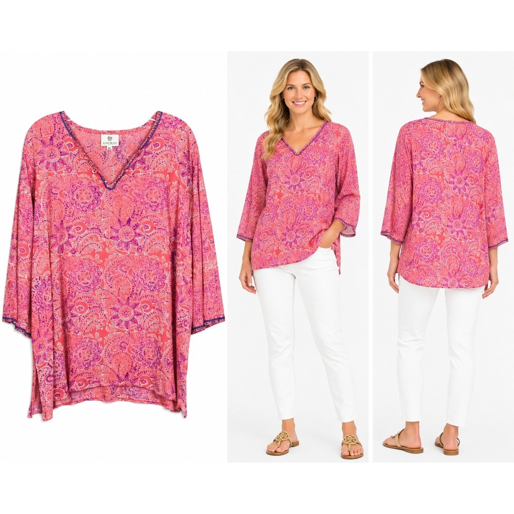 Anokhi Tunic M Paisley Coastal Boho Festival Sequin Trim V-Neck‎ Ethnic Beach